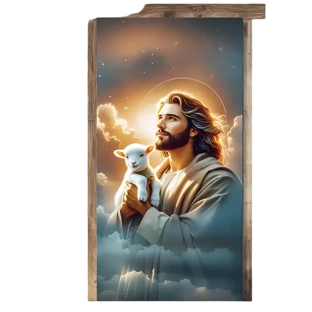 Religious easter jesus door cover featuring a serene mural of jesus holding a lamb against a celestial backdrop