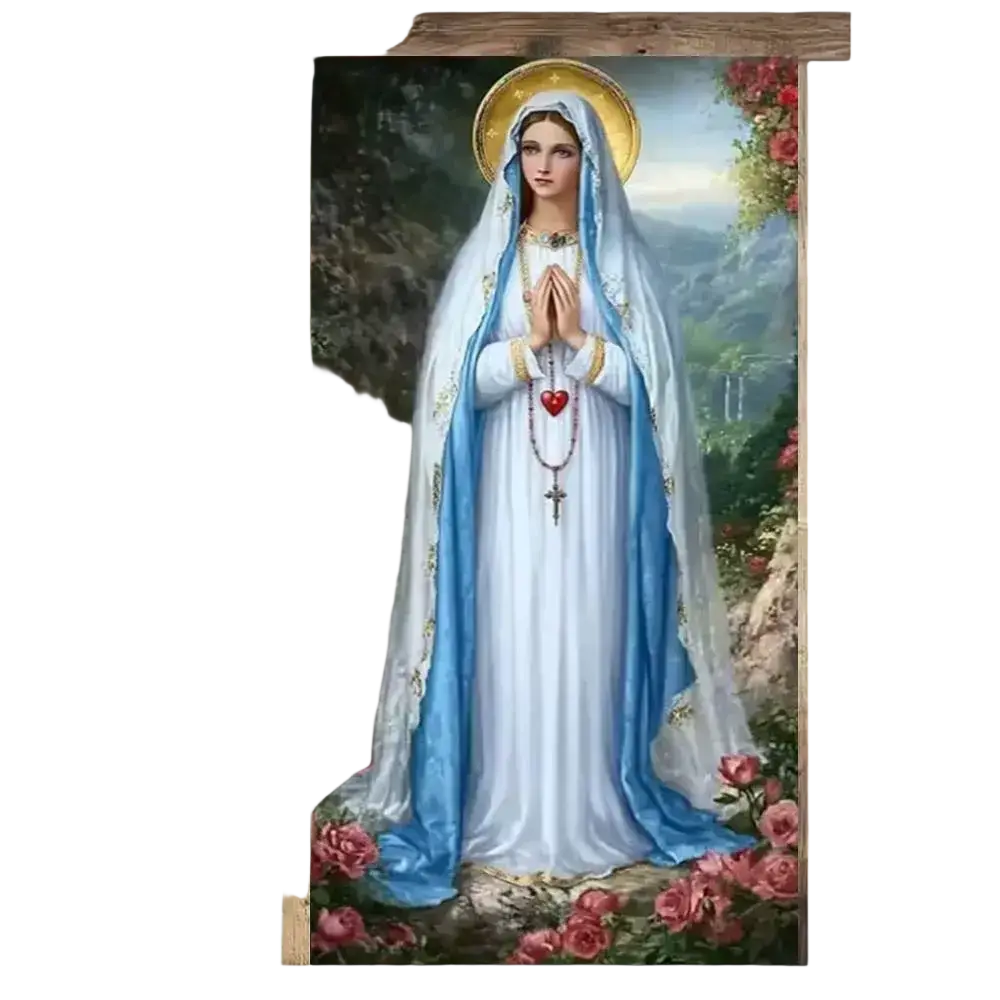 A religious easter jesus door cover featuring a serene virgin mary in a white and blue robe holding a red heart pendant