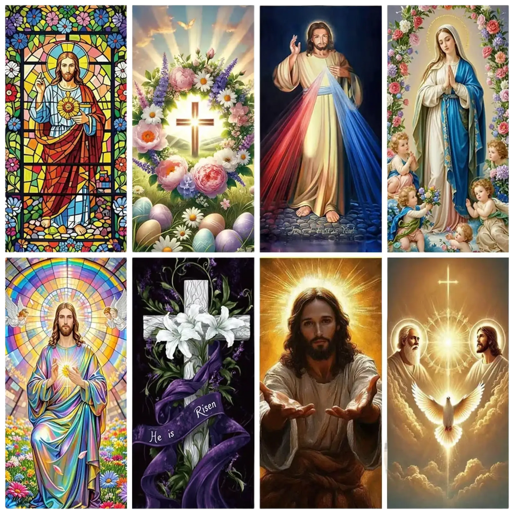 Set of eight vibrant religious-themed diamond painting canvases featuring christian imagery for easter door cover backdrop