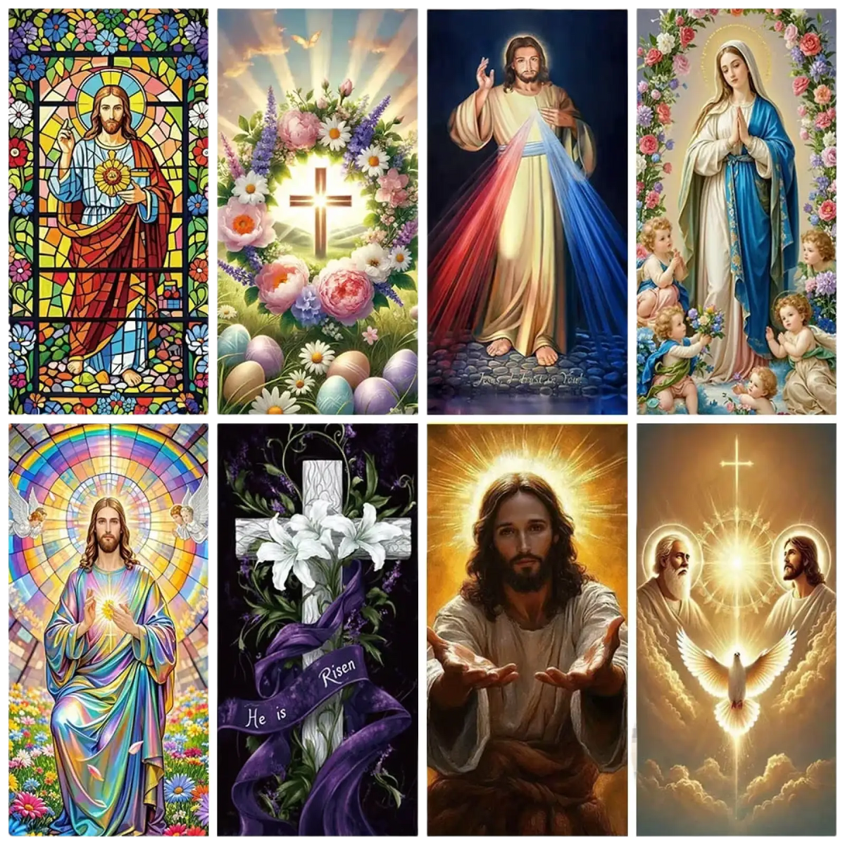 Set of eight vibrant religious-themed diamond painting canvases featuring christian imagery for easter door cover backdrop