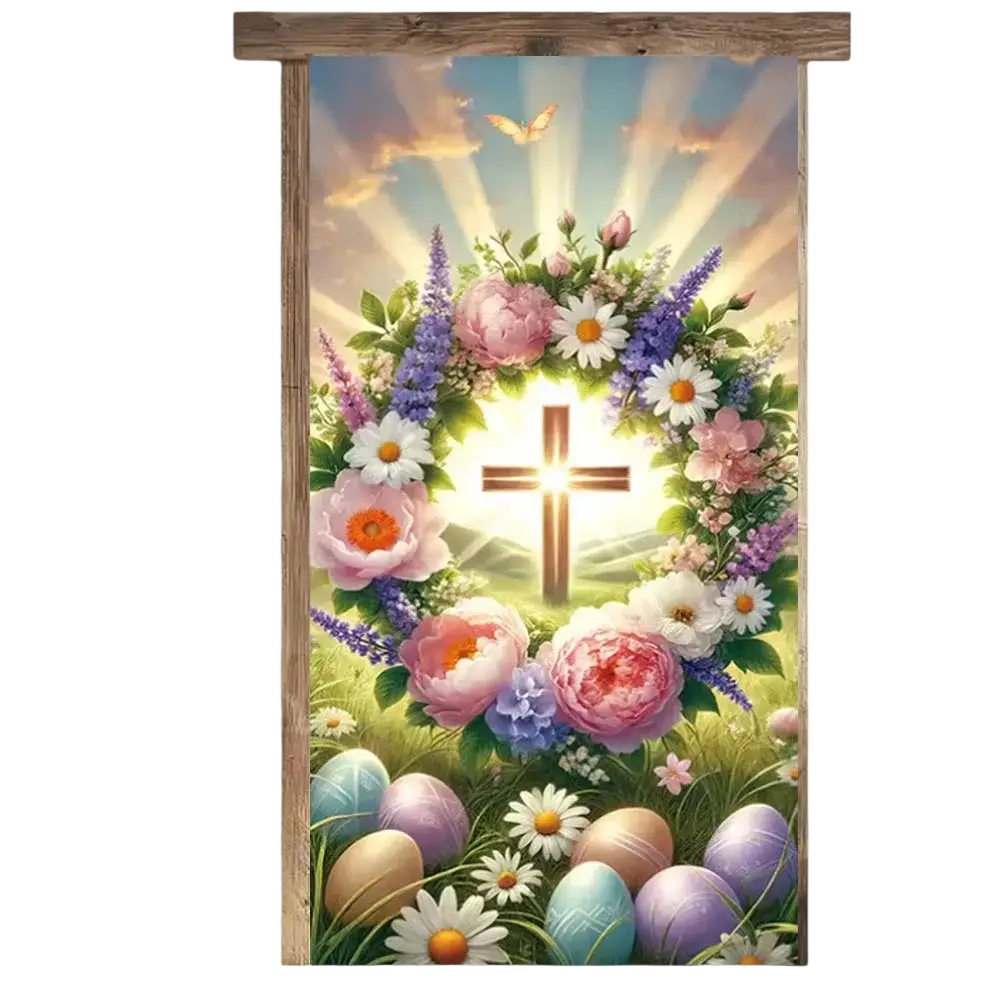 Easter-themed floral door curtain with radiant cross surrounded by pink white and purple flowers and painted eggs at base