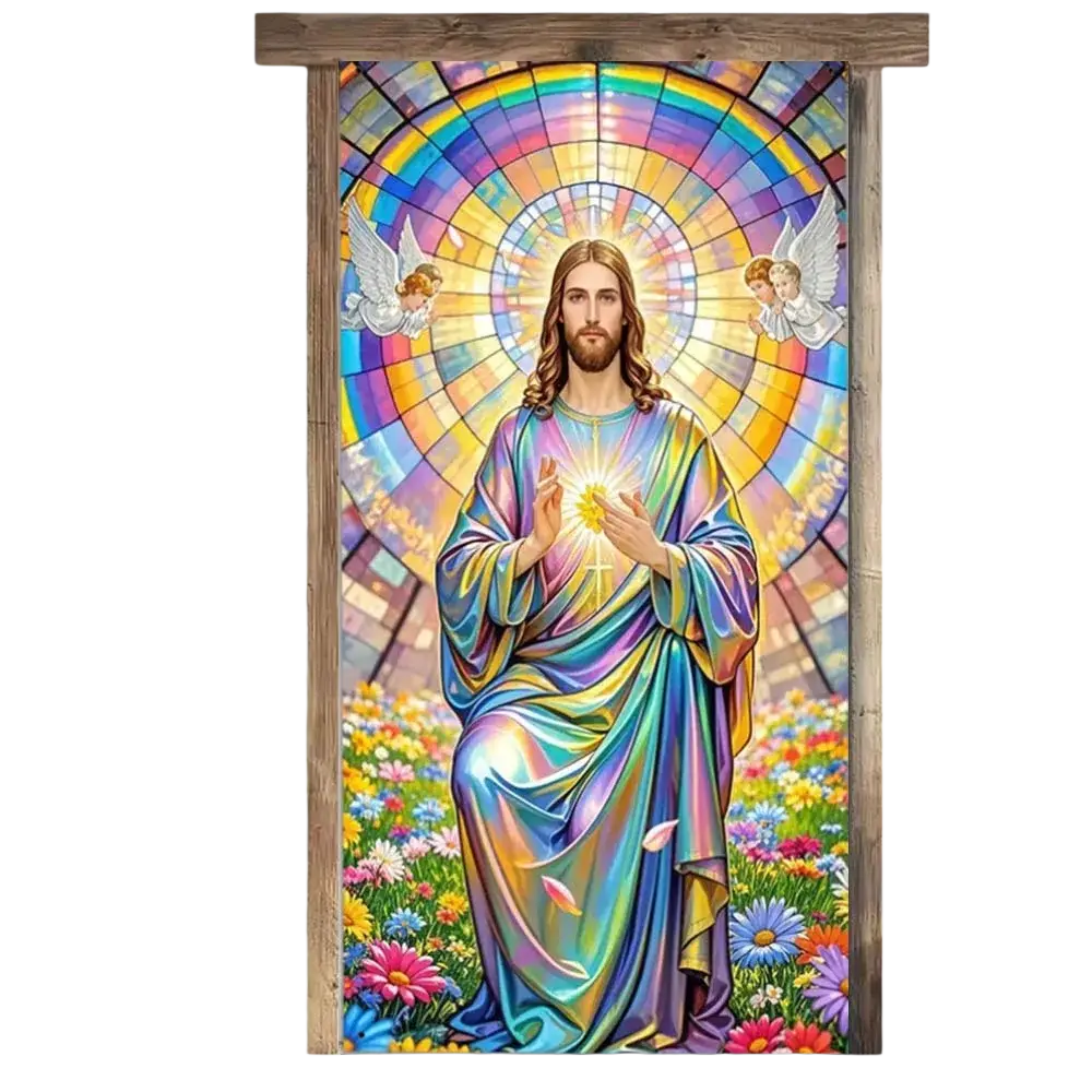 Religious easter jesus door cover with vibrant stained-glass style mural iridescent robes angelic wings rustic wood frame