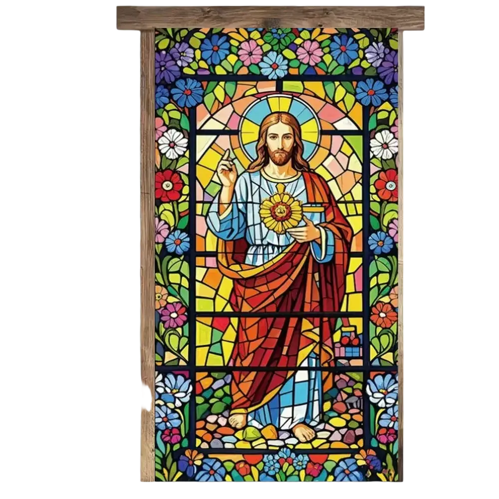 Vibrant stained-glass religious Easter Jesus door cover with central figure and colorful floral patterns backdrop banner