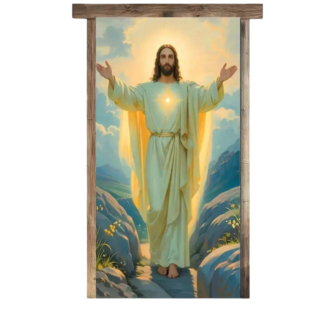 A religious Easter Jesus door cover banner with a vibrant mural of Jesus and radiant golden light framed in rustic wood