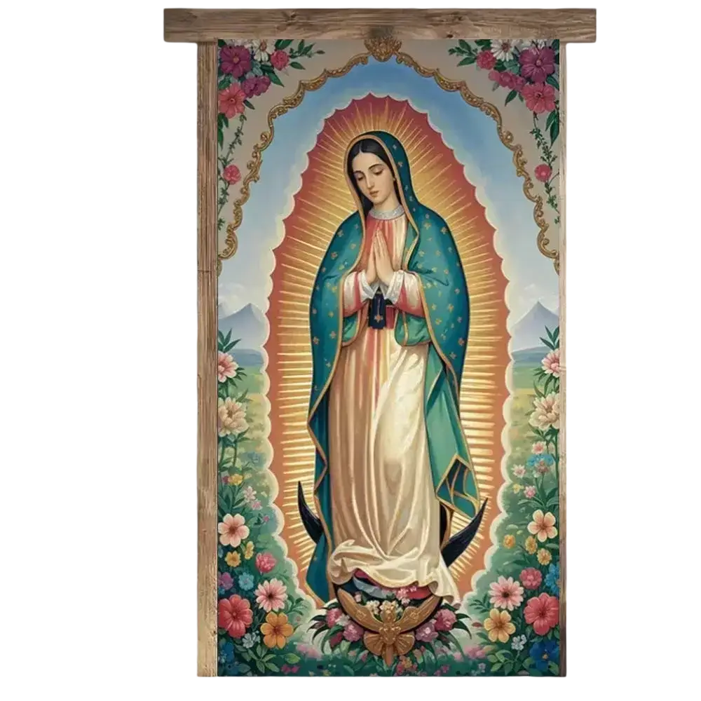 A vibrant religious easter jesus door cover featuring the virgin of guadalupe with teal and gold embroidered cloak and floral borders