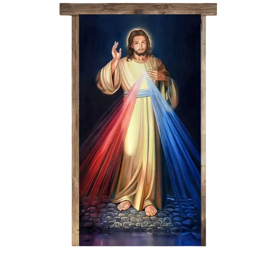 Religious easter jesus door cover featuring vibrant full-length artwork with red and blue rays in rustic wood frame