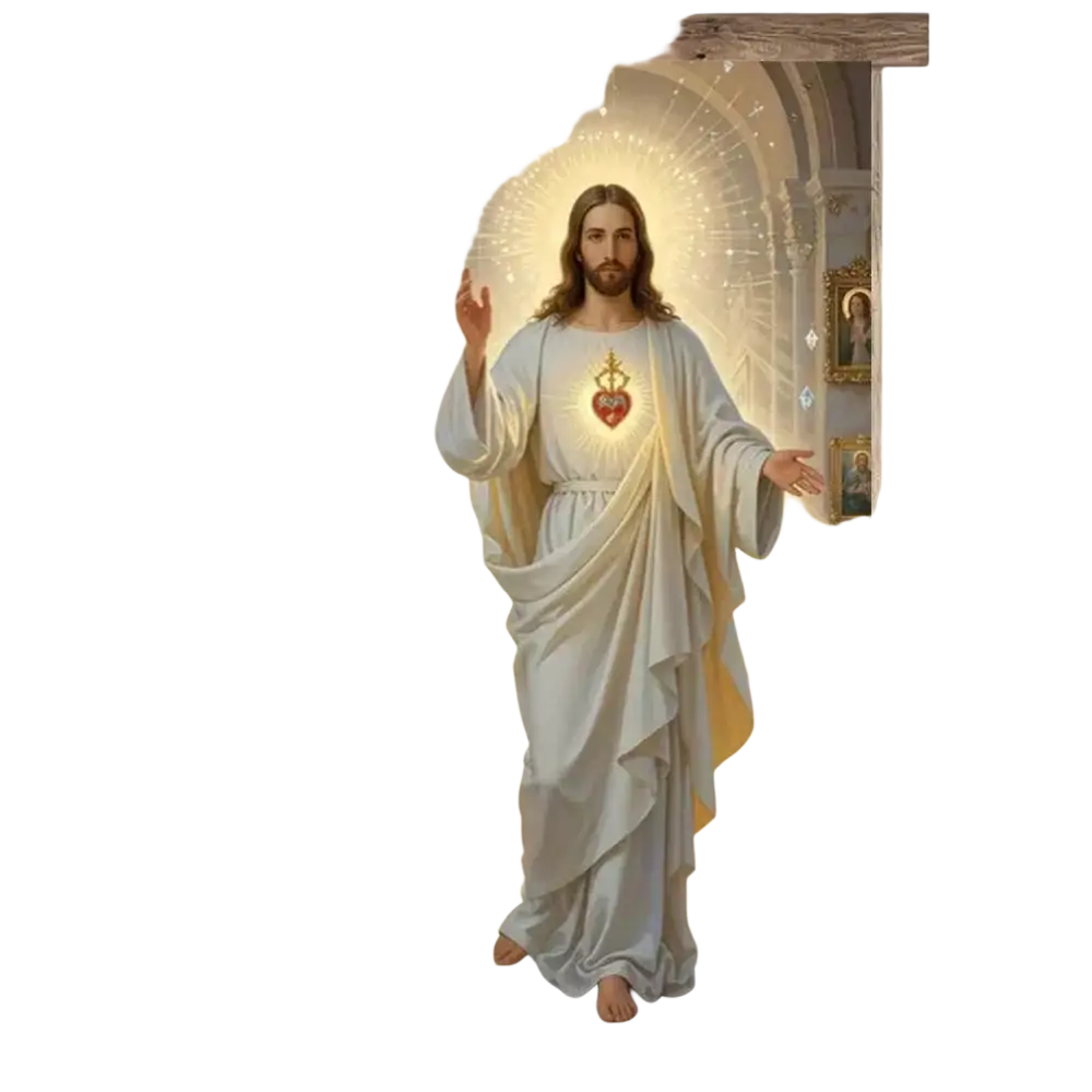 White fabric door curtain featuring jesus with radiant halo and sacred heart design framed by wooden borders for easter use