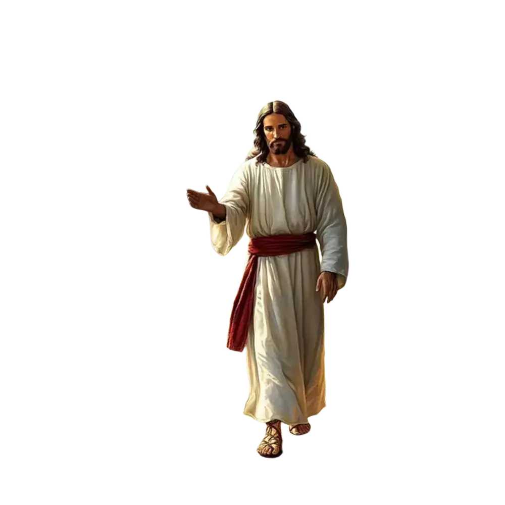 Religious easter jesus door cover banner featuring jesus in white robe with red sash standing in arched doorway