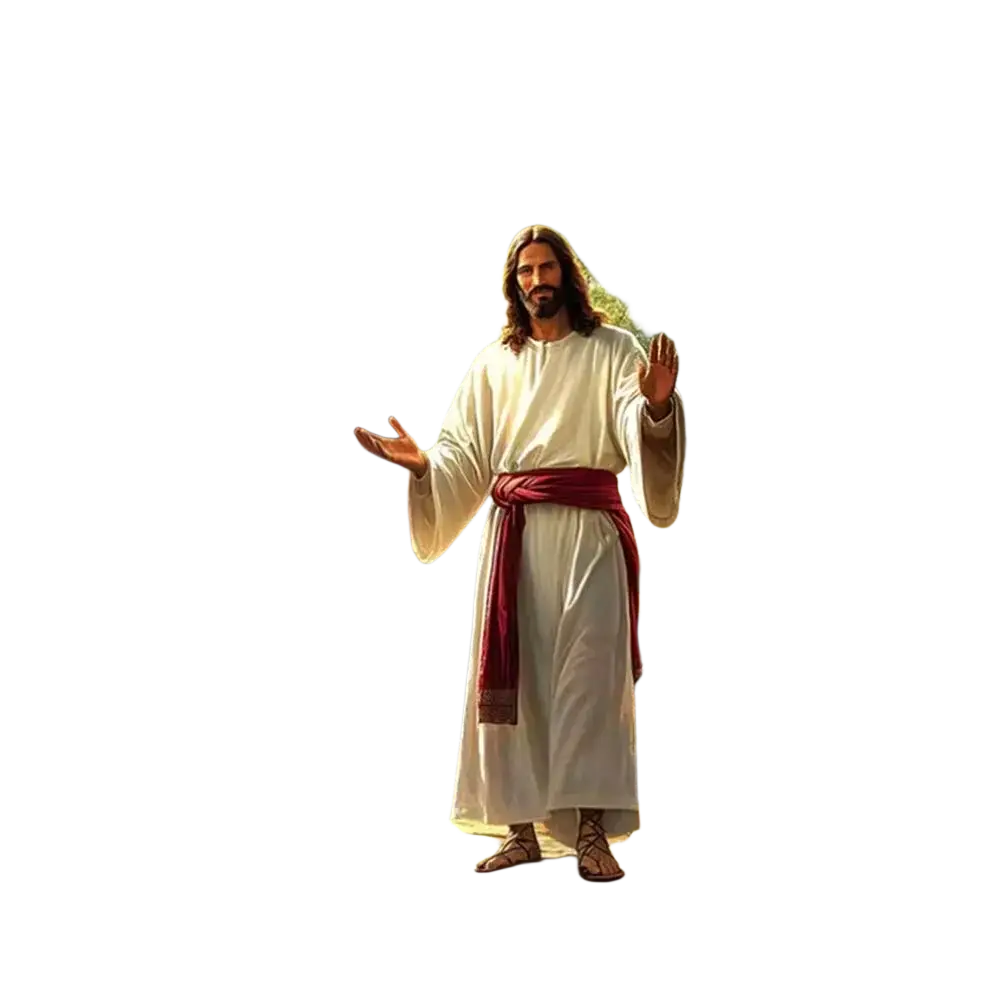 Religious easter jesus door cover banner featuring jesus in a white robe with red sash in an open wooden doorway