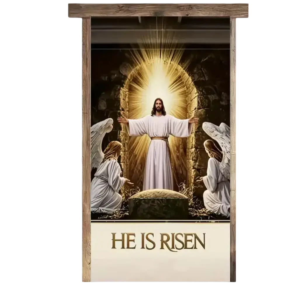 Wood-framed religious easter jesus door cover with jesus rising from tomb flanked by angels and he is risen text