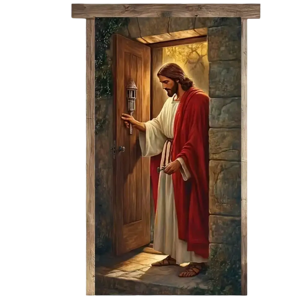 A religious easter jesus door cover banner featuring a wooden door with stone frame and jesus in white robes and red cloak