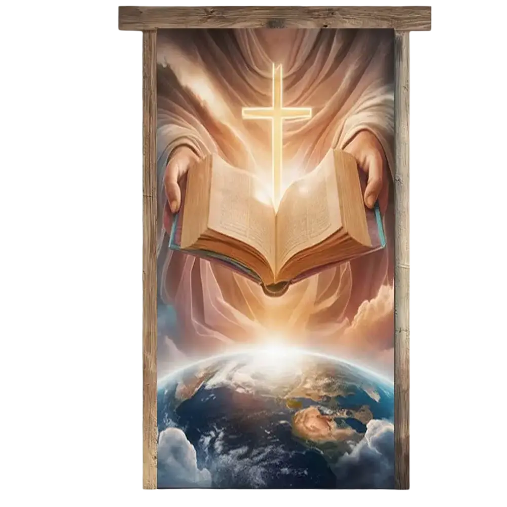 Wooden-framed religious easter jesus door cover mural with hands holding open book and glowing cross above earth backdrop