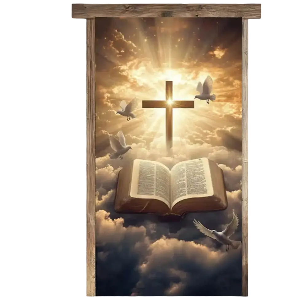 A wooden-framed religious Easter door cover with a golden mural of an open bible, radiant cross, and white doves