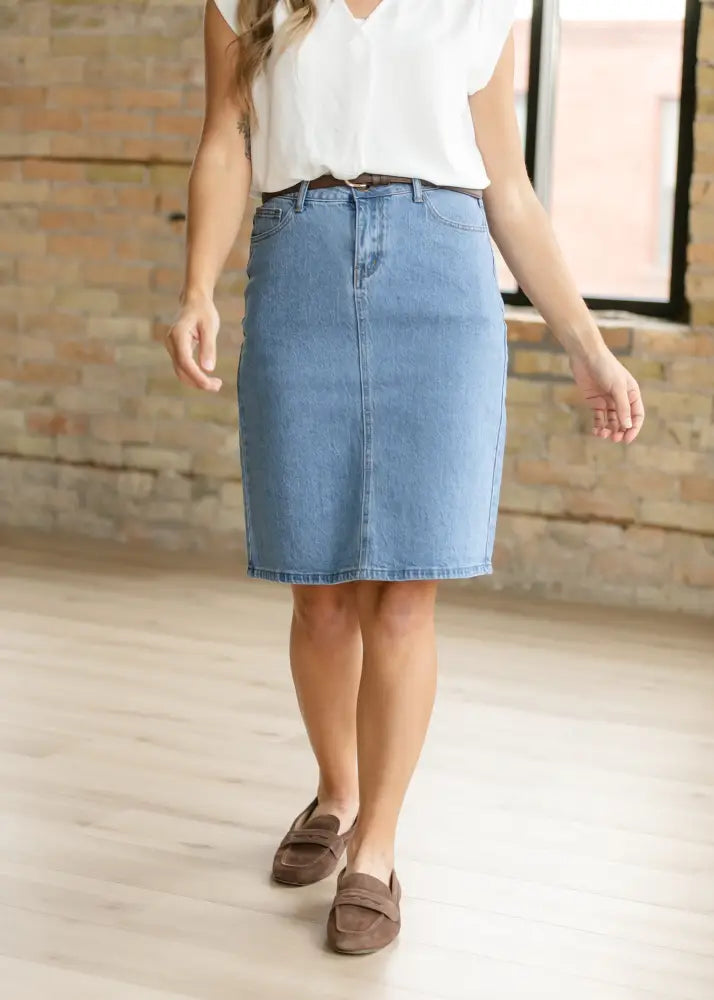 Remi classic wash stretch denim midi skirt in light blue with a straight cut and visible stitching details