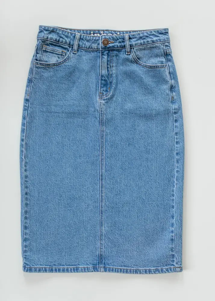 Remi classic wash stretch denim midi skirt in light blue with pencil fit five-pocket design and button closure