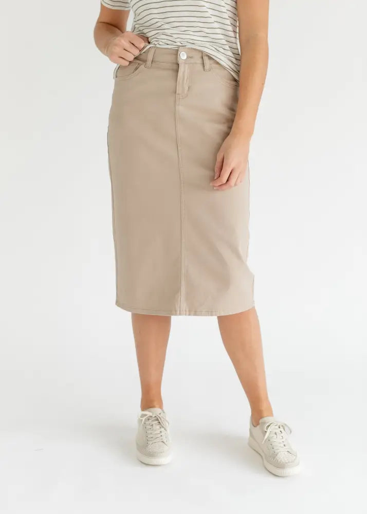 Beige remi simply taupe stretch denim pencil midi skirt with button closure and front seam mid-thigh length