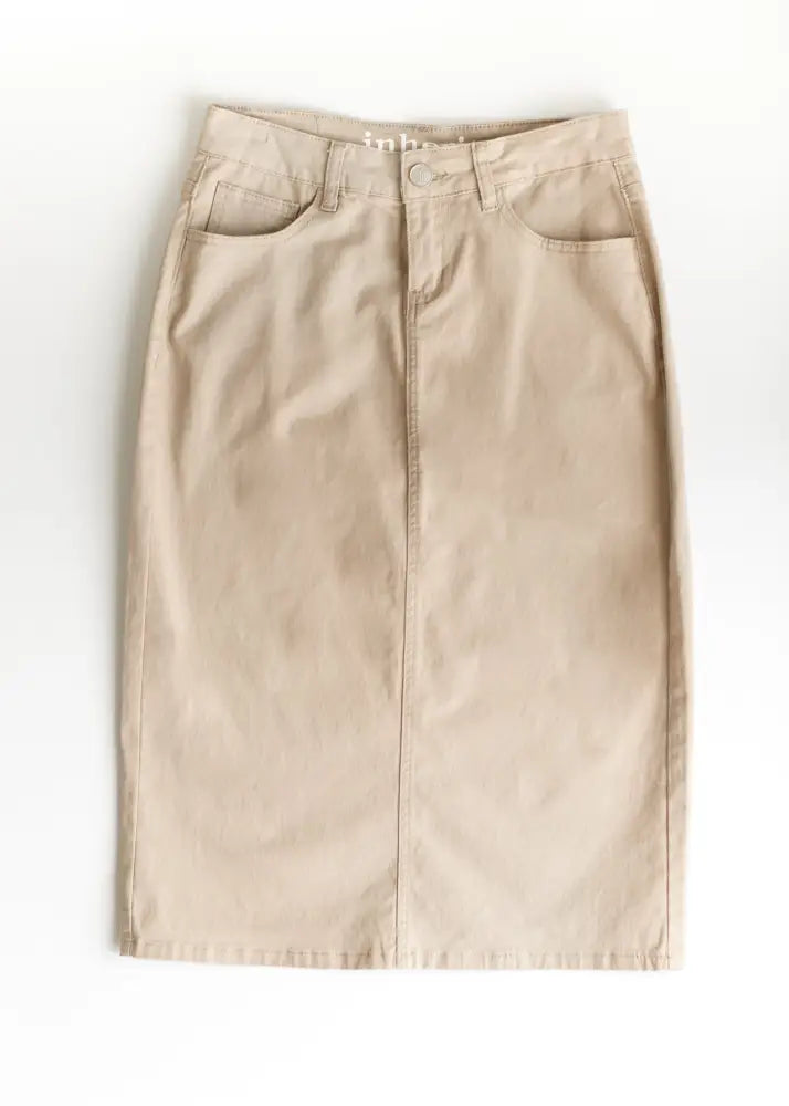 Beige Remi Simply Taupe stretch denim pencil midi skirt made of durable cotton twill with front zipper and pockets