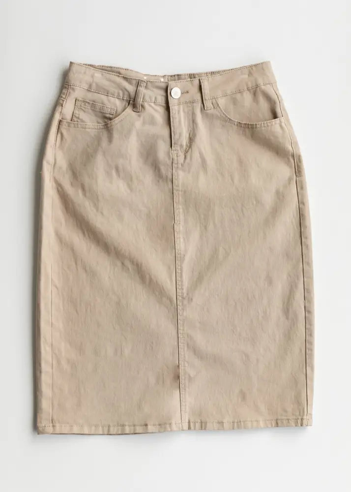 Beige stretch denim pencil midi skirt with front button closure and two side pockets from Remi Simply Taupe collection