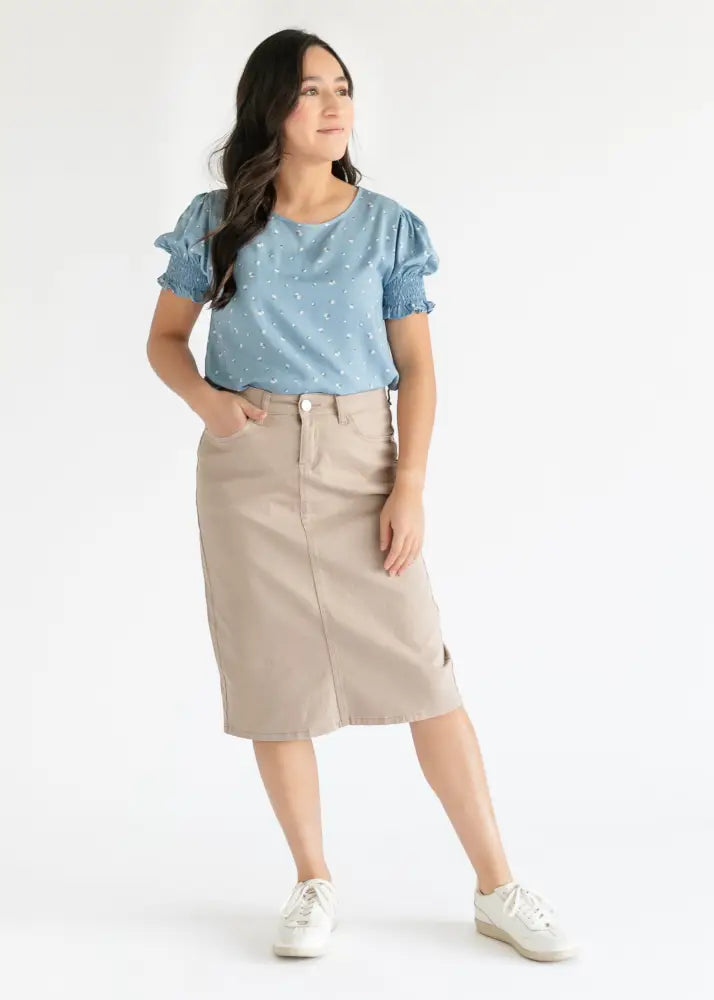 Beige mid-thigh length remi simply taupe stretch denim pencil midi skirt with front zipper and side pockets