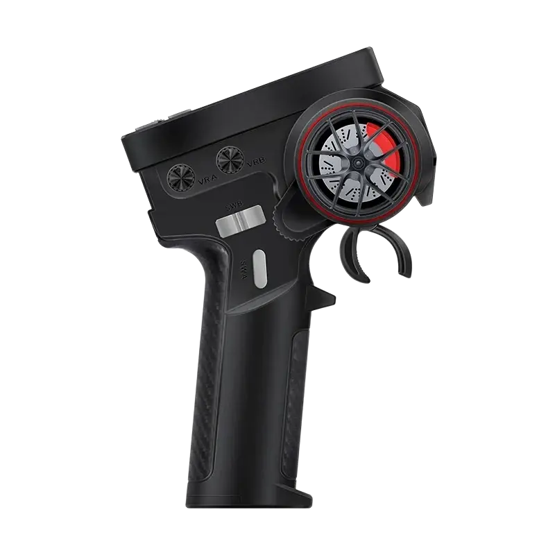 Black remote control 10 channel CT10B transmitter with red-accented steering wheel and carbon fiber texture grip
