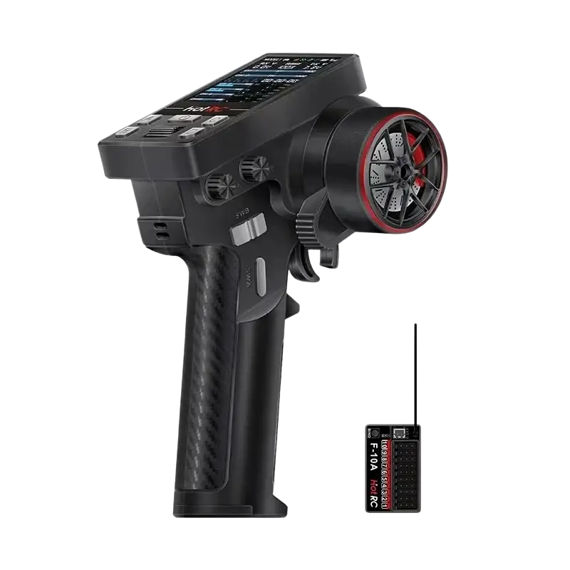 Black carbon fiber textured remote control ct10b 10 channel transmitter with red steering wheel and f-10a receiver