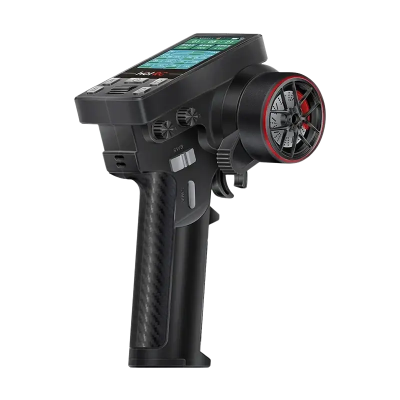 Remote control 10 channel ct10b transmitter with black carbon fiber-textured grip and red-accented steering wheel display
