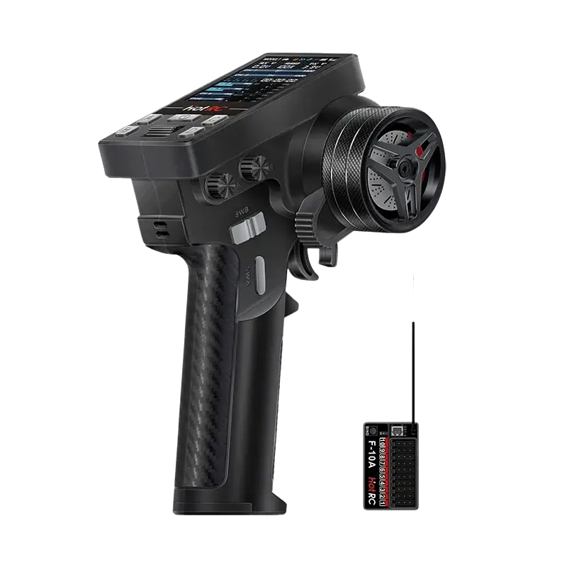 Black carbon fiber-textured remote control 10 channel ct10b transmitter with digital display and f-10a receiver