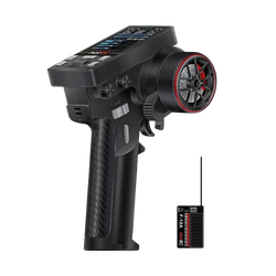 Remote control 10 channel ct10b transmitter in black carbon fiber texture with red steering grip and f-10a receiver