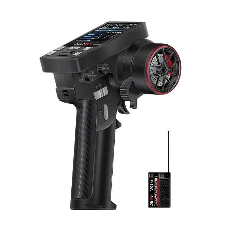 Remote control 10 channel ct10b transmitter in black carbon fiber texture with red steering grip and f-10a receiver