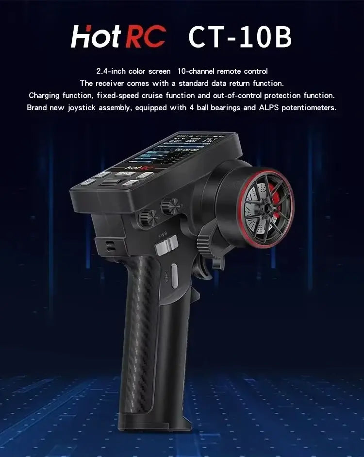 Black hot rc ct-10b remote control with 2.4-inch color screen carbon fiber grip and red accented joystick assembly