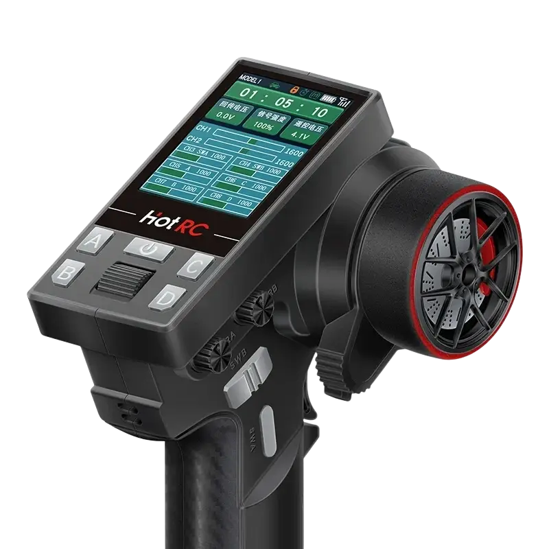 Black remote control 10 channel CT10B transmitter with digital display and red-accented throttle grip for precise control