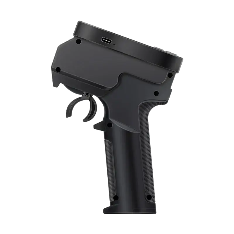Black remote control 10 channel ct10b transmitter with carbon fiber textured grip and usb-c port on the back side