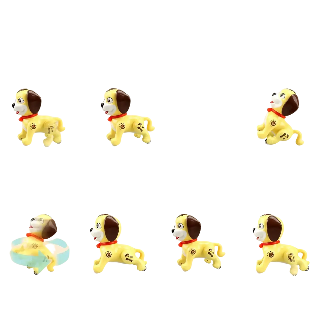 Yellow and brown plastic battery operated remote control dog toy with red collar designed as a learning companion