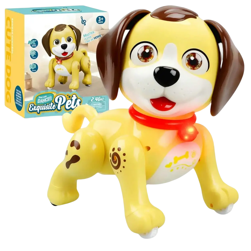 Yellow and brown battery operated remote control dog toy robot puppy with glowing eyes and red collar