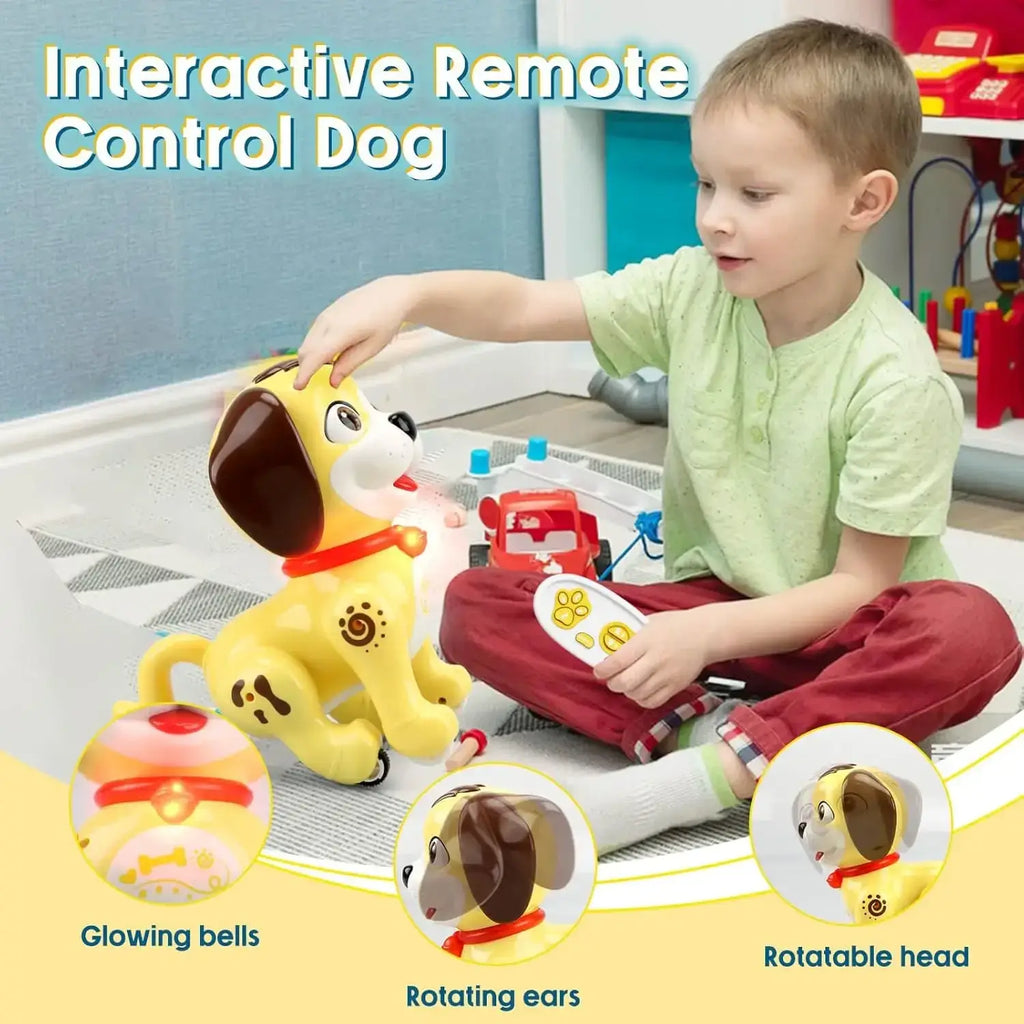 Yellow battery operated remote control dog toy with brown ears red collar glowing bells and rotatable head