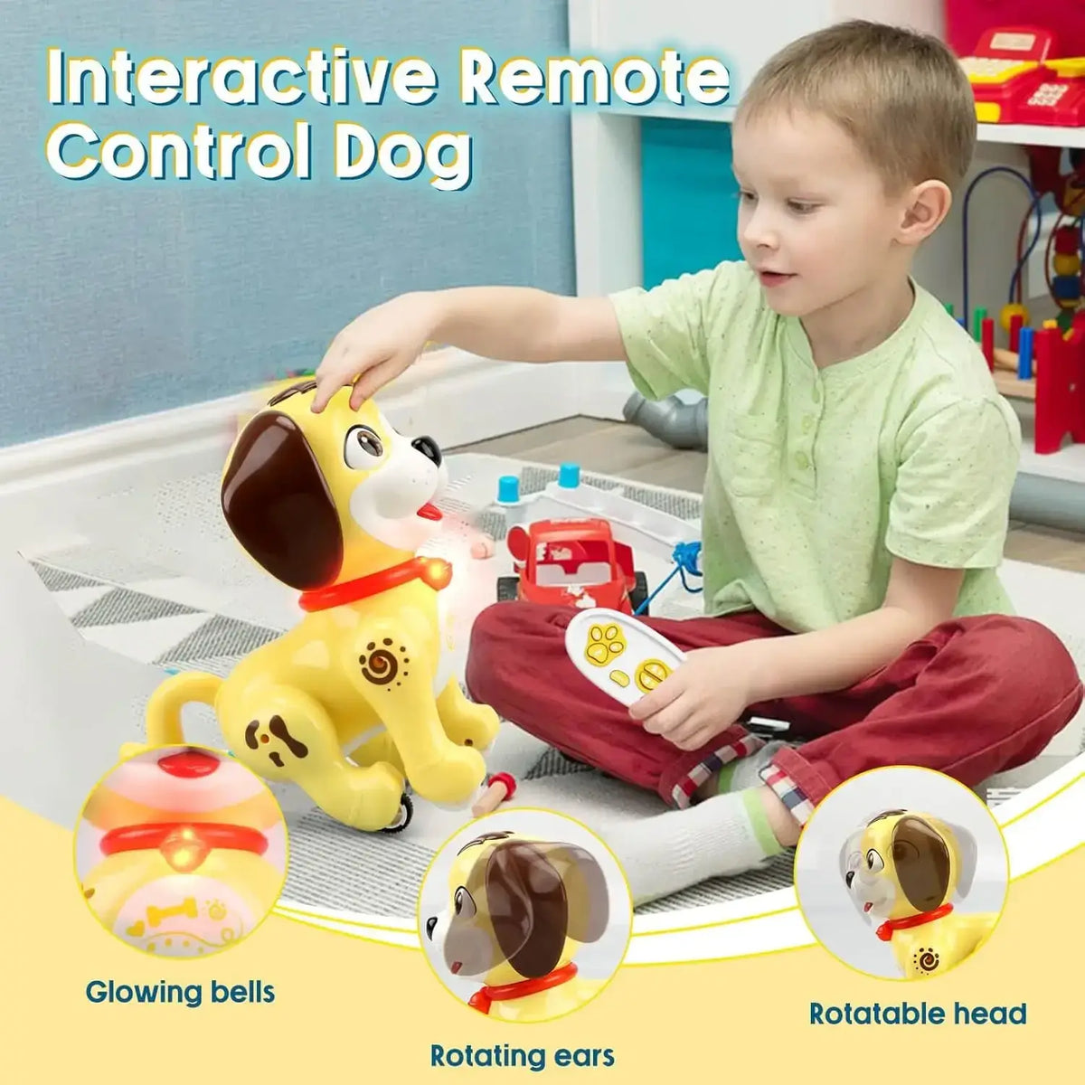 Yellow battery operated remote control dog toy with brown ears red collar glowing bells and rotatable head