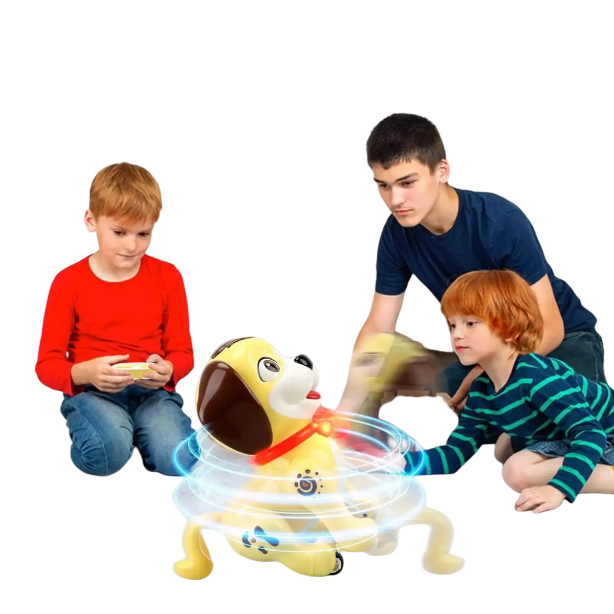 Yellow battery operated remote control dog toy with red collar and glowing blue circular effects on its body