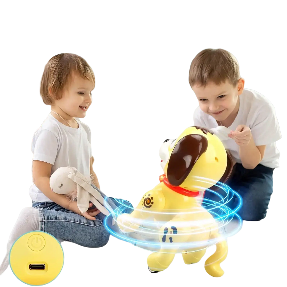 Yellow battery operated remote control dog toy with brown ears red collar and type-c charging port shown from the back
