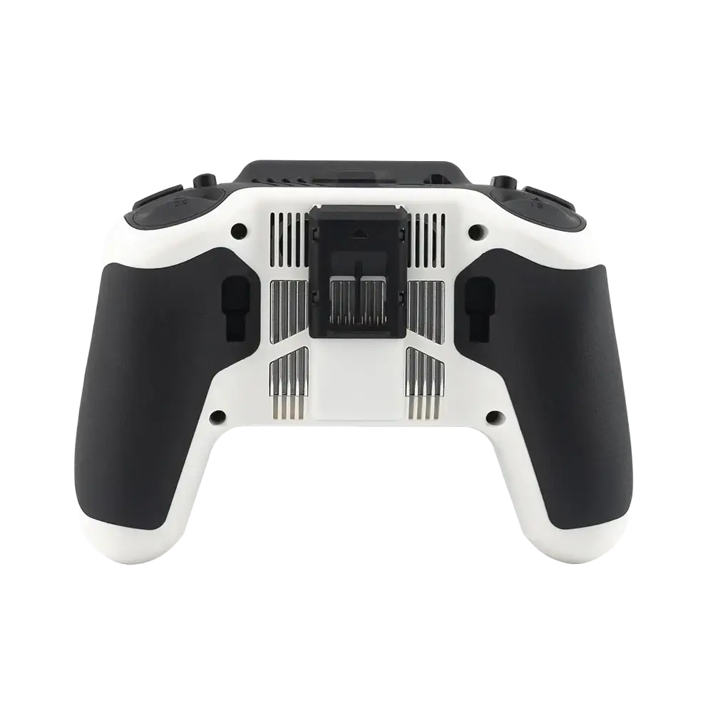 Black and white remote controller with textured grip surfaces for remote control edgetx fpv drone transmitter v12