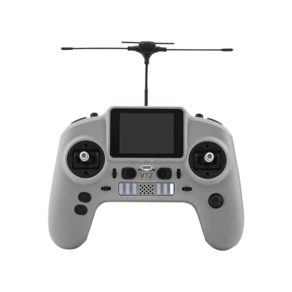 Gray plastic remote control with black antennas and buttons featuring a central v12 screen by hubsan for fpv drone use