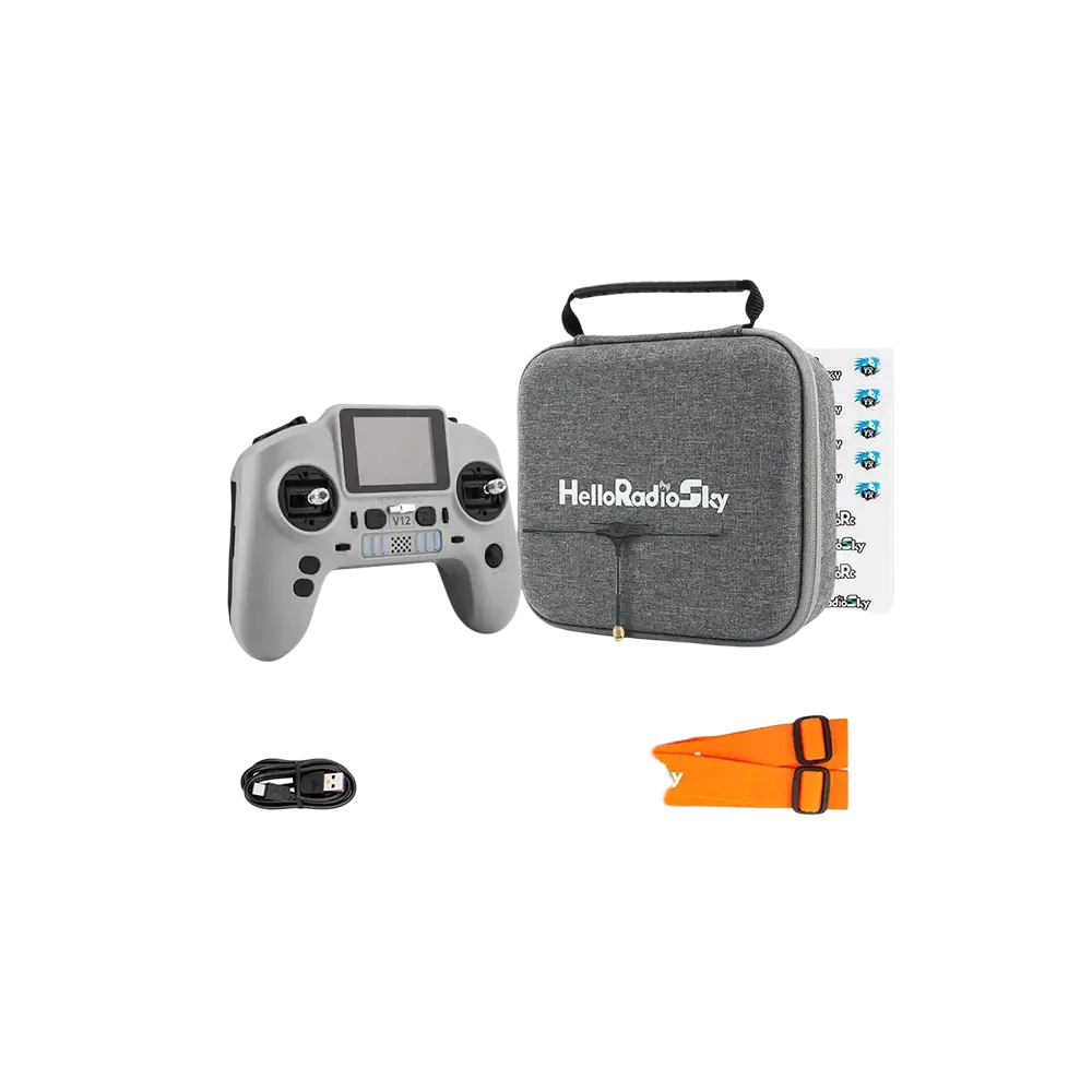 Gray v12 remote control with touchscreen and black buttons in gray fabric carrying case for edgetx fpv drone transmitter