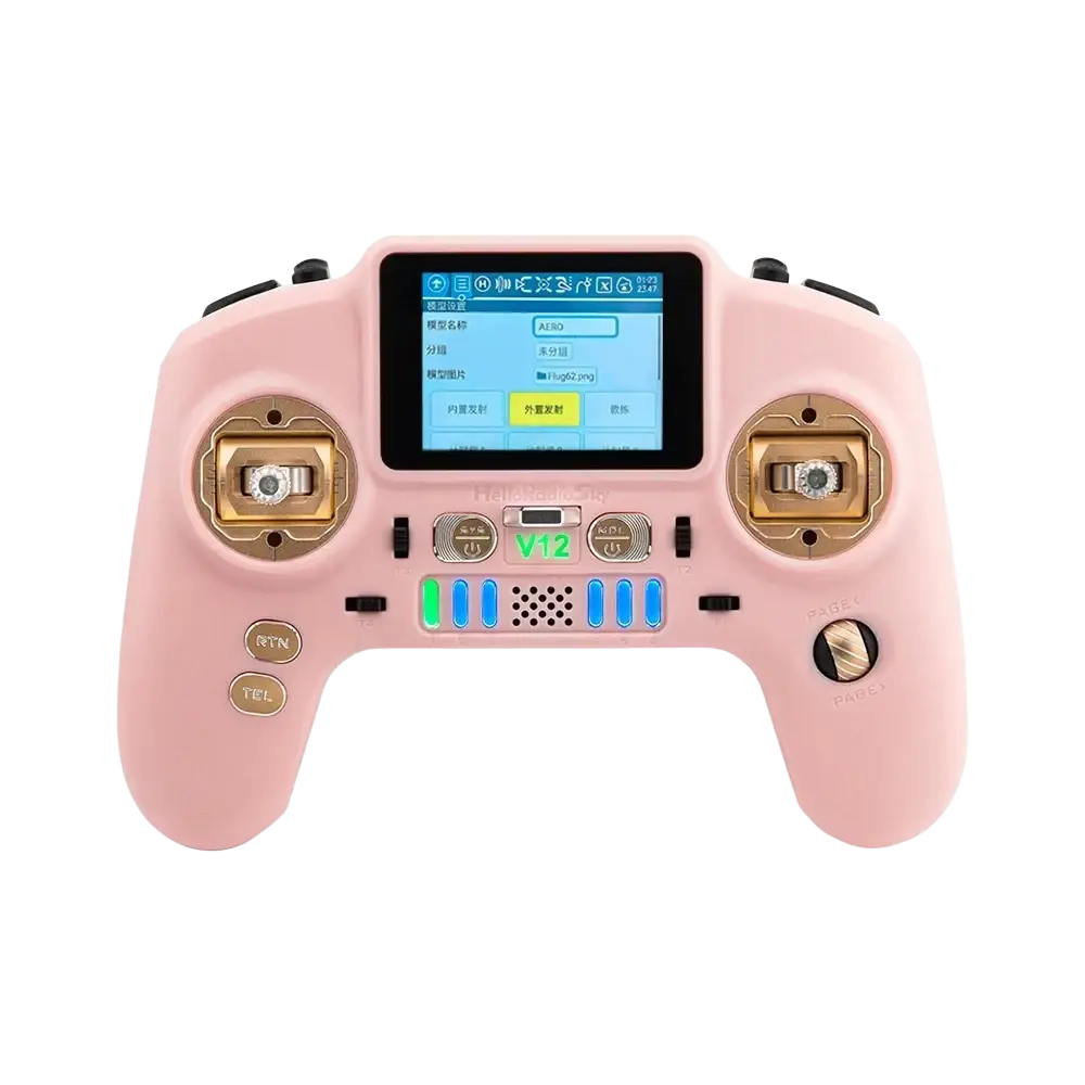 Pink v12 remote control flight controller with gold trim and touchscreen display for edgetx fpv drone transmitter