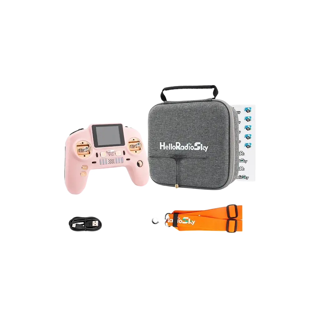 Pink and gold v12cncmax remote control transmitter with sleek ergonomic design for edgetx fpv drone use