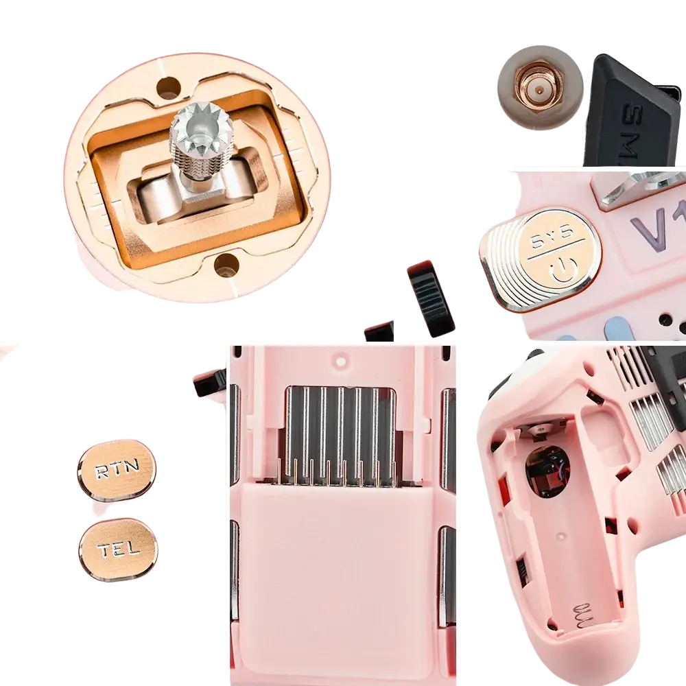 Pink plastic remote control edgetx fpv drone transmitter v12 with gold metallic buttons and silver screwdriver knob
