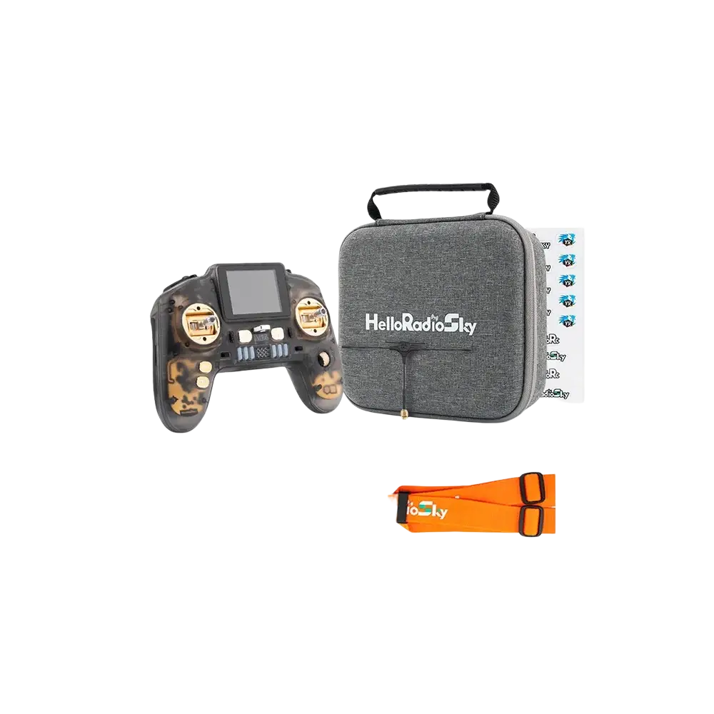Tea gold v12 cnc max remote control with camouflage and gold accents paired with a gray carrying case for fpv drones