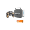 Tea gold v12 cnc max remote control with camouflage and gold accents paired with a gray carrying case for fpv drones