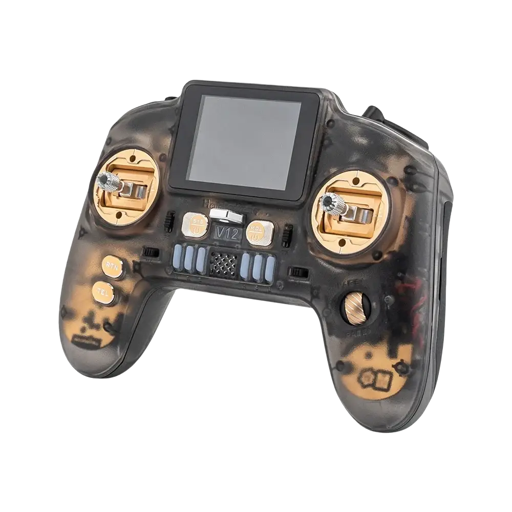 Remote control edgetx fpv drone transmitter v12 with transparent black and gold camouflage remote controller and metallic accents