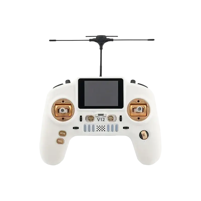 White and gold remote control edgetx fpv drone transmitter v12 with central screen dual joysticks and antenna on top