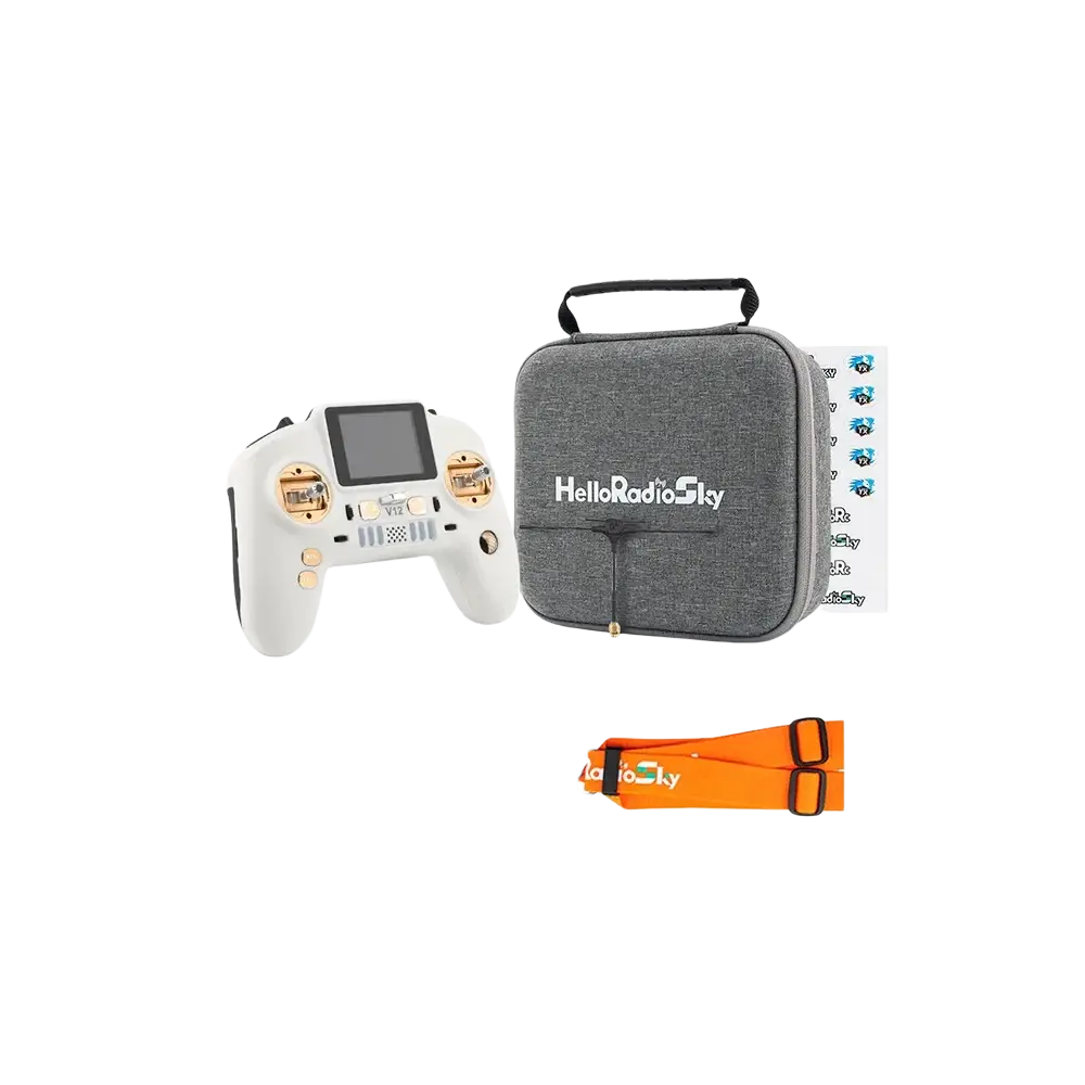 White and gold v12cncmax remote control with a sleek ergonomic design for remote control edgetx fpv drone transmitter v12