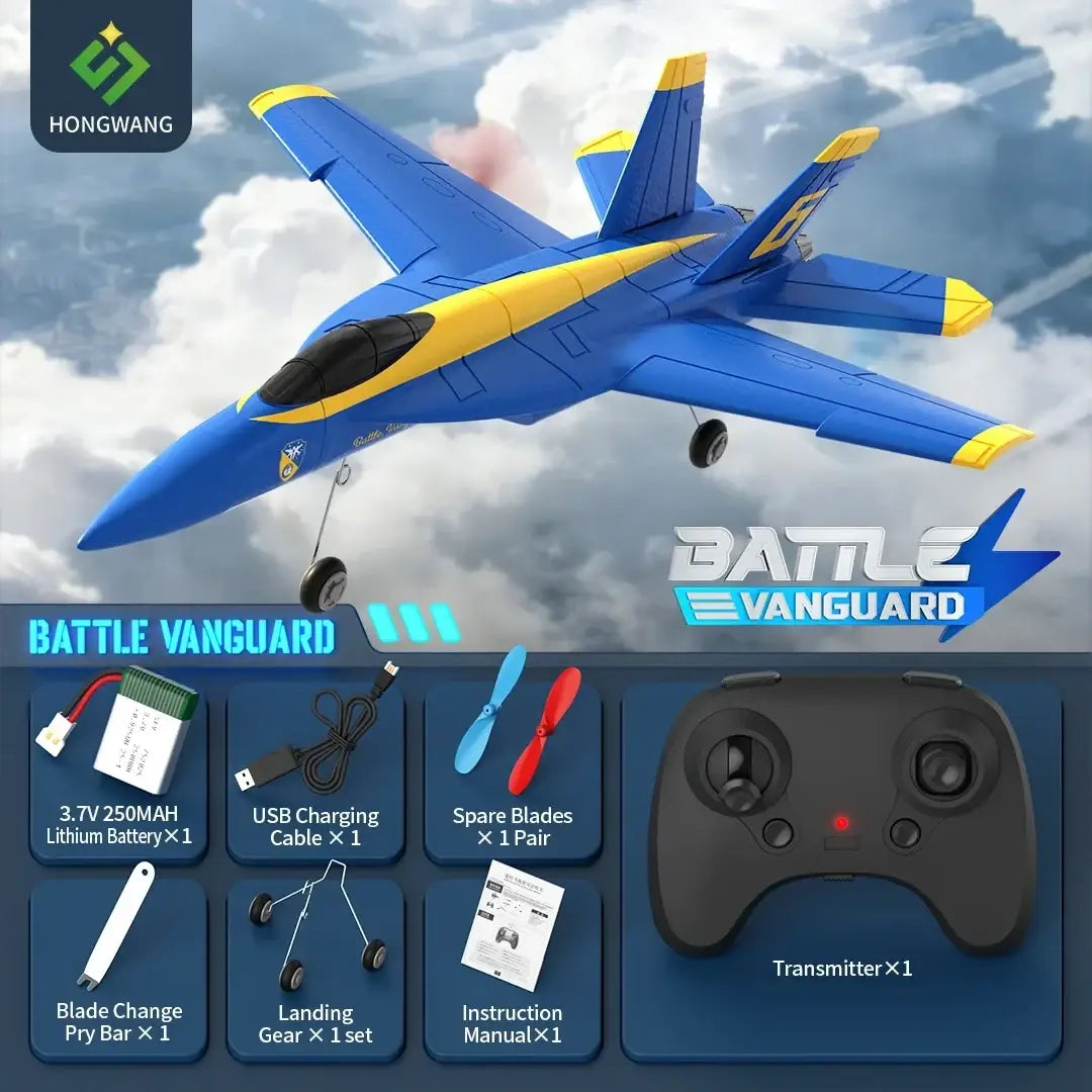 Remote control f18 hornet foam glider jet in blue and yellow with a sleek aerodynamic design for flying enthusiasts